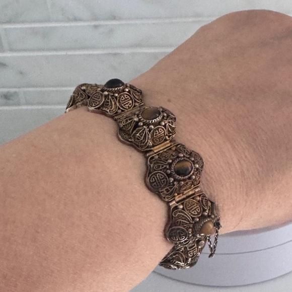 Vtg Chinese Export Bracelet Tiger's Eye Cabochon Silver Gilded Vermeil Filigree - Picture 8 of 16
